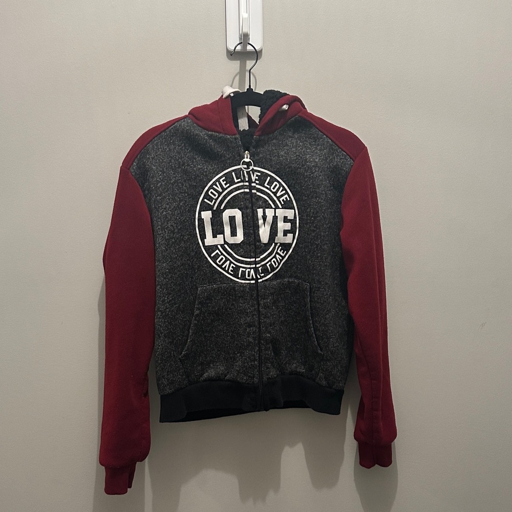 Charcoal and Burgundy Love Hoodie 1xl Unisex with warm fleece interior